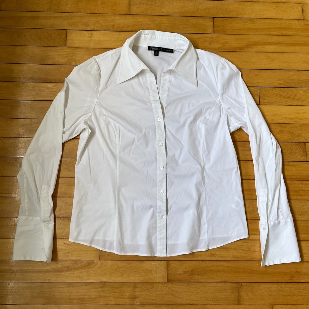 Lafayette 148 New York White Stretch Cotton Button Down Shirt French Cuffs 18
